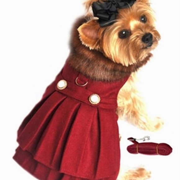 Burgundy Wool Faux Fur-Trimmed Dog Coat Harness NWT - Picture 1 of 5